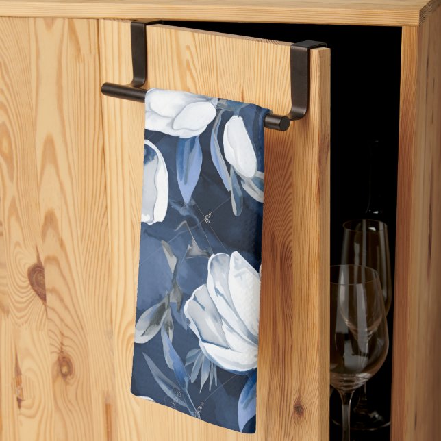 White Magnolia Pattern on midnight background, Tea Towel (Thirds Fold)