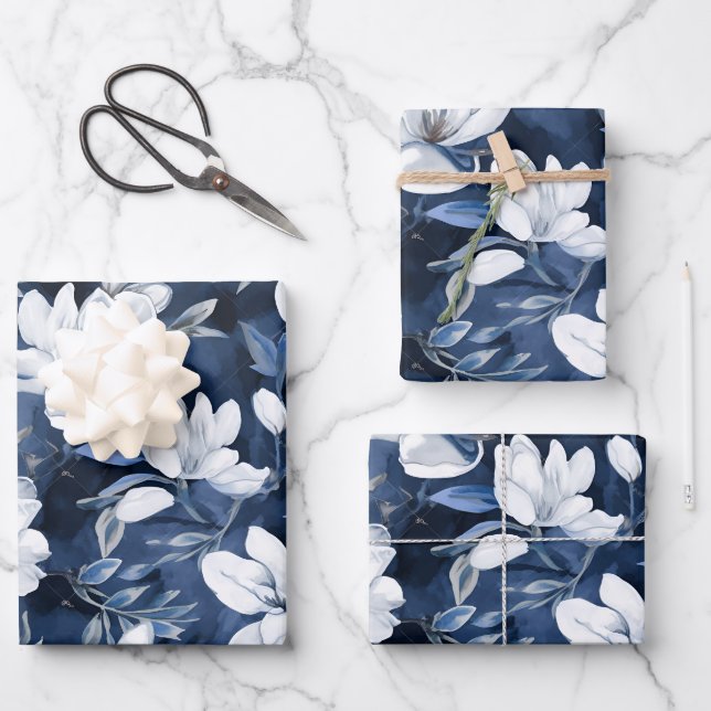 White Magnolia Pattern on midnight background, Wrapping Paper Sheet (Front)