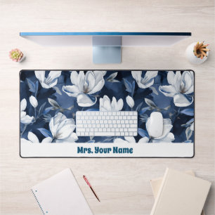 White Magnolia Pattern on midnight chiffon Desk Mat