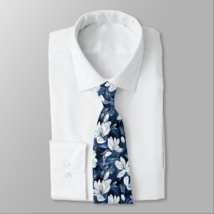White Magnolia Pattern on midnight chiffon Tie
