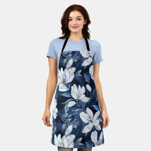 White Magnolia Pattern on midnight, Gardening Apron