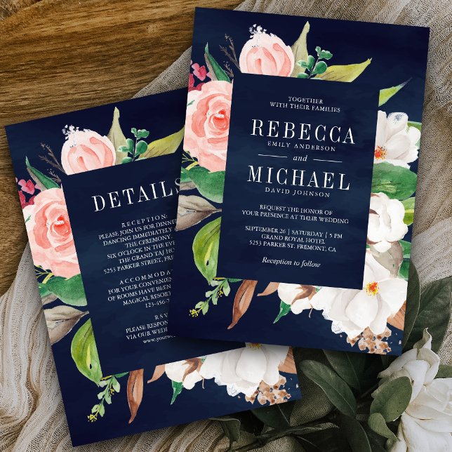 White Magnolia Pink Floral All in One Navy Wedding Invitation (Creator Uploaded)