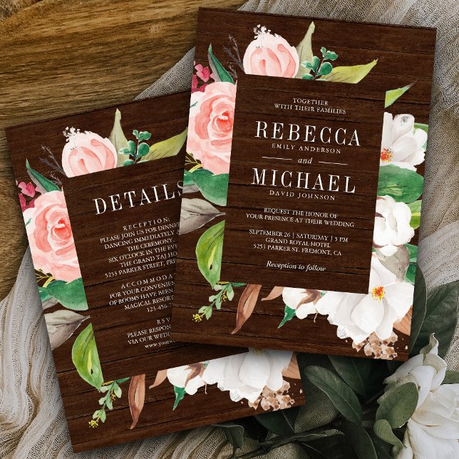 White Magnolia Pink Floral All in One Wood Wedding Invitation (Creator Uploaded)