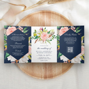 White Magnolia Pink Floral Navy QR Code Wedding Tri-Fold Invitation