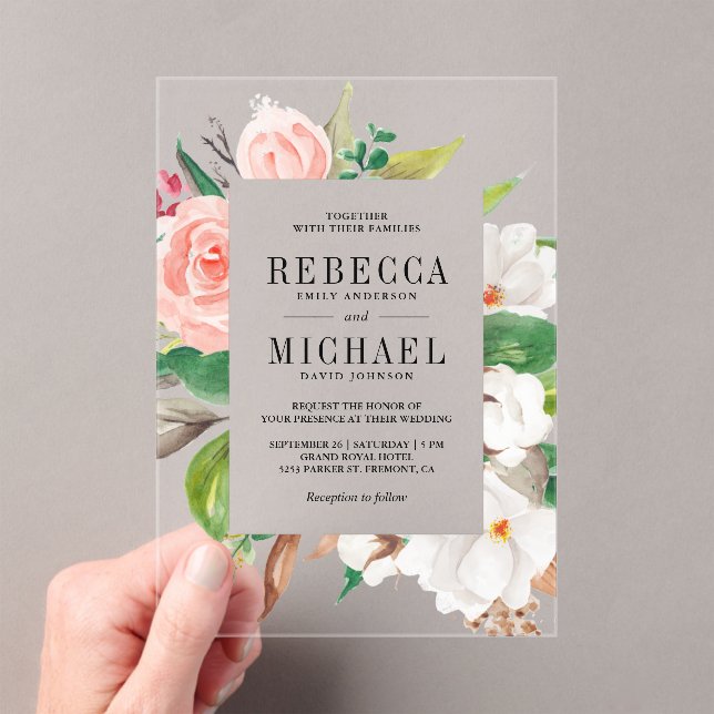 White Magnolia Pink Floral Wedding Acrylic Invitations (Insitu (Handheld))