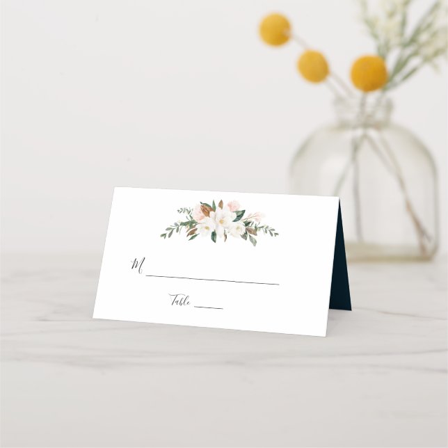 White magnolia pink floral wedding place card (Front)