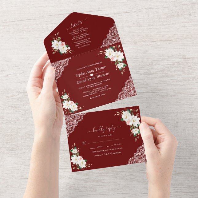 White Magnolia Pink Flowers Burgundy Wedding  All In One Invitation (Tearaway)