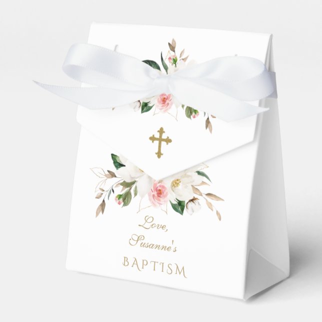 White Magnolia Pink Flowers Gold Cross Baptism Favour Box (Front Side)