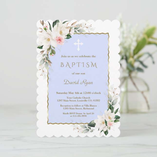 White Magnolia Pink Gold Floral Blue Boy Baptism  Invitation (Standing Front)