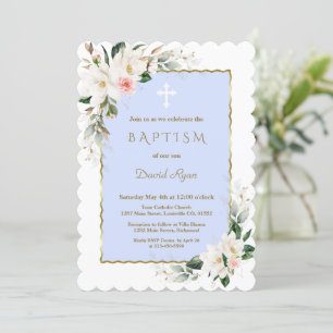 White Magnolia Pink Gold Floral Blue Boy Baptism  Invitation