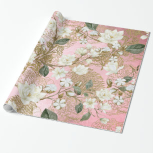 White Magnolia Rose Gold Ferns Chic Floral Wrapping Paper