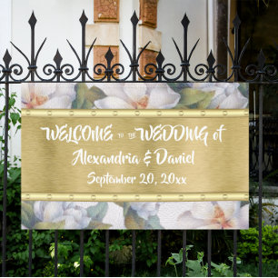White Magnolia Watercolor All-Occasion Gold Banner