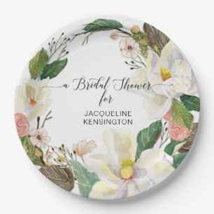 White Magnolia Watercolor Blush Floral Foliage Paper Plate