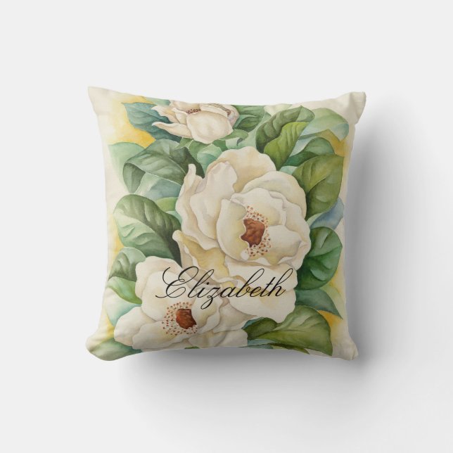 White Magnolia Watercolor Floral Personalised Name Cushion (Front)