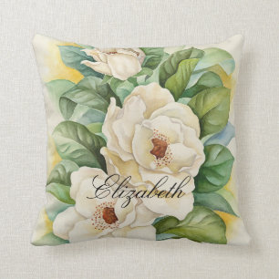 White Magnolia Watercolor Floral Personalised Name Cushion