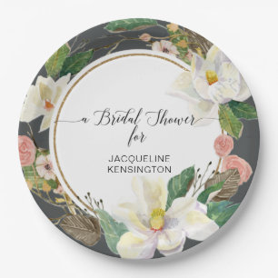 White Magnolia Watercolor Gold Blush Floral Leaves Paper Plate