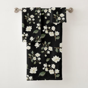 White Magnolia Watercolour Pattern Black Bath Towel Set