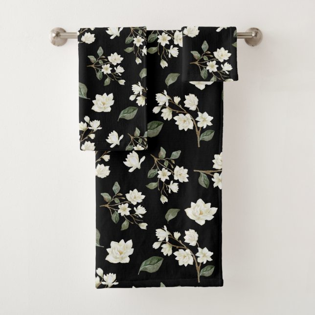 White Magnolia Watercolour Pattern Black Bath Towel Set (Insitu)