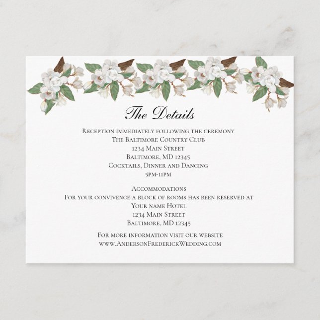 White Magnolia Wedding Details Enclosure card (Front)