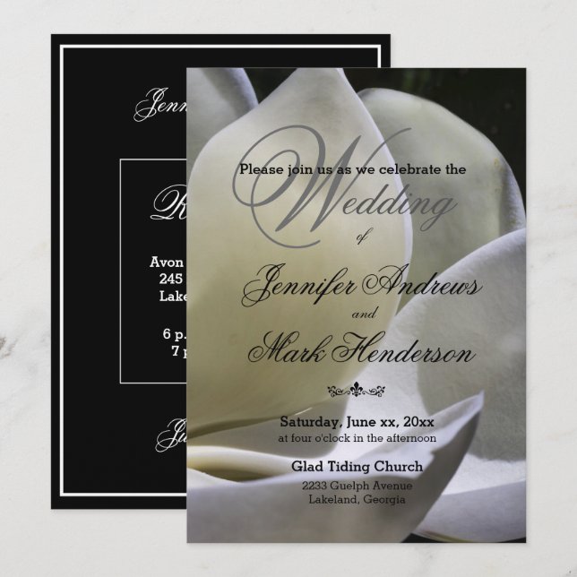 White Magnolia - Wedding Invitation -Black & White (Front/Back)