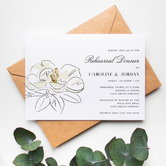 White Magnolia Wedding Rehearsal Dinner Invitation (Beautiful Southern-inspired wedding rehearsal dinner invitation with a white magnolia illustration.)