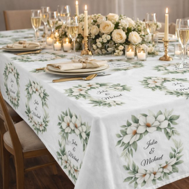 White Magnolia Wreath Wedding Decor Newlyweds Tablecloth (Creator Uploaded)
