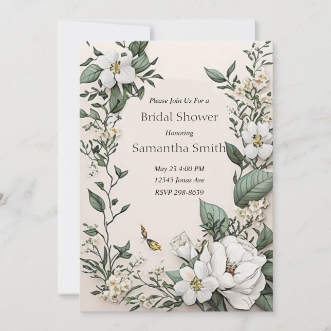 White Magnolias and Butterfly Bridal Shower Invitation (Front)