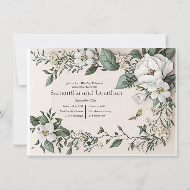 White Magnolias and Butterfly  Wedding Rehearsal  Invitation (Front)