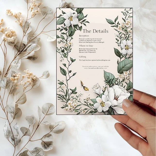 White Magnolias Butterfly Wedding Details Card  (Creator Uploaded)