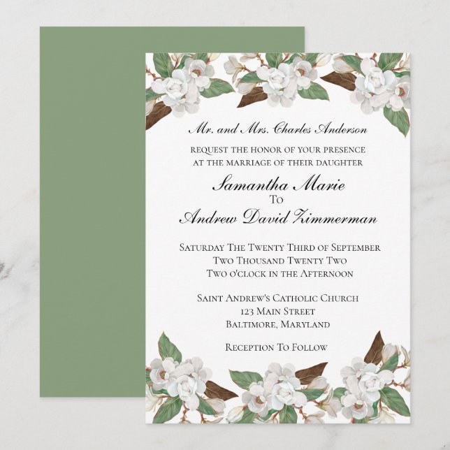 White Magnolias Classic Formal Elegant Wedding Inv Invitation (Front/Back)