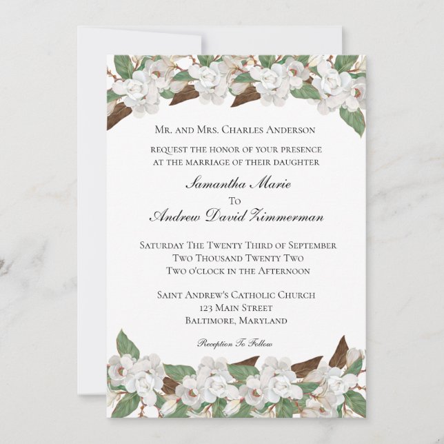 White Magnolias Classic Formal Elegant Wedding  Invitation (Front)