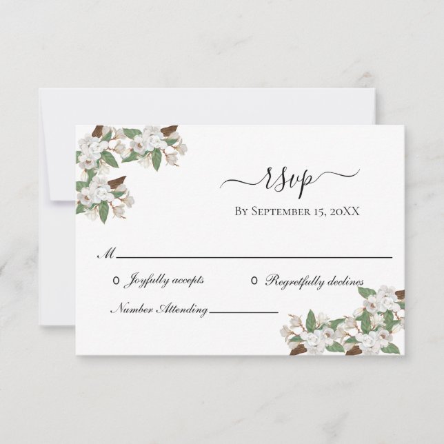 White Magnolias Elegant Wedding RSVP Card (Front)