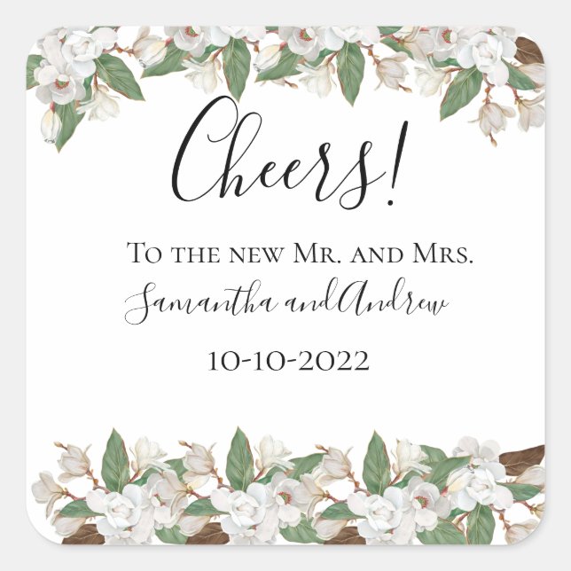 White Magnolias Elegant Wedding  Square Sticker (Front)