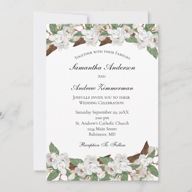 White Magnolias Floral Formal Elegant Wedding  Invitation (Front)