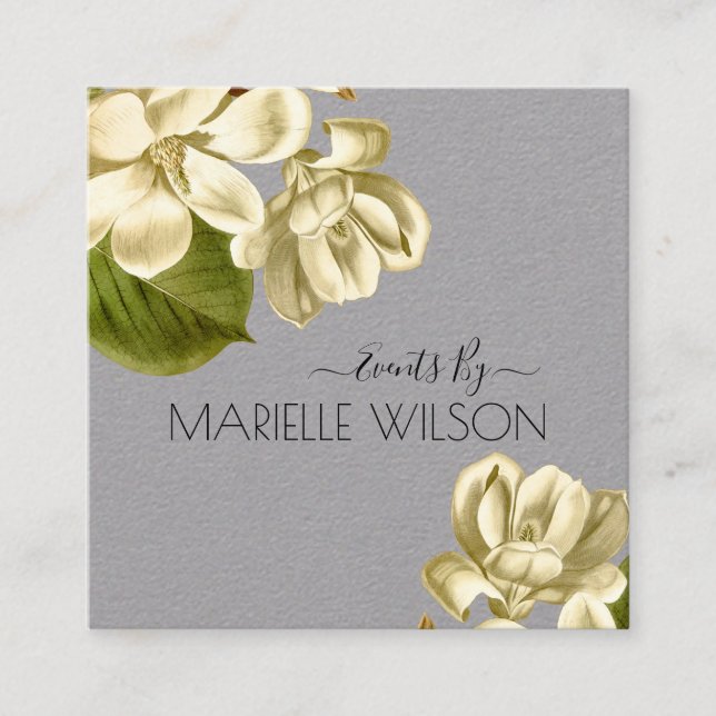 White Magnolias Floral Grey Event Planner Square Business Card (Front)
