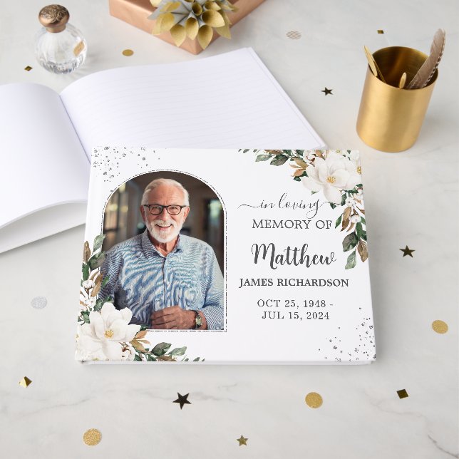 White Magnolias Floral Memorial Funeral Photo Guest Book (Front Open)