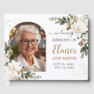 White Magnolias Floral Memorial Funeral Picture Guest Book