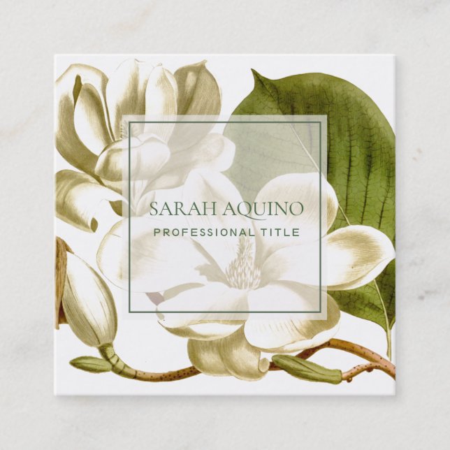 White Magnolias Floral On White Square Business Card (Front)