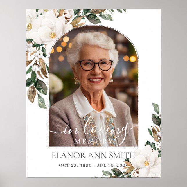 White Magnolias Floral Picture Funeral Memorial Poster (Front)
