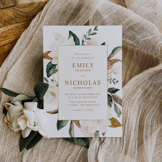 White magnolias gold frame wedding invitation (Creator Uploaded)