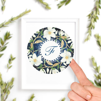 White Magnolias Monogram Initial Classic Round Sticker