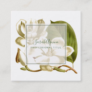 White Magnolias Monogrammed Floral  Square Business Card
