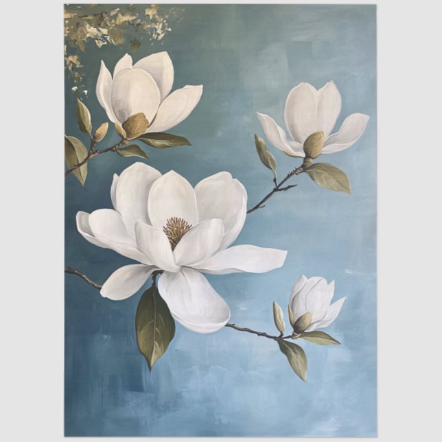 White Magnolias on Blue Decoupage Tissue Pape Tissue Paper (Front)