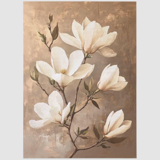 White Magnolias on Gold Decoupage Tissue Pape Tissue Paper (Front)