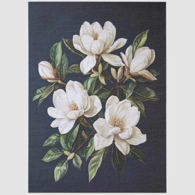 White Magnolias on Navy Blue Decoupage Tissue Paper (Front)