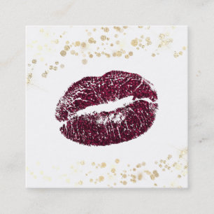 *~* White Makeup Burgundy Lips Gold Confetti Square Business Card
