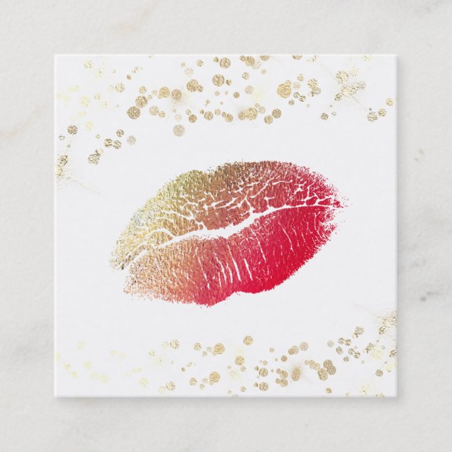 *~* White Makeup Red Lips Gold Confetti Square Business Card (Front)