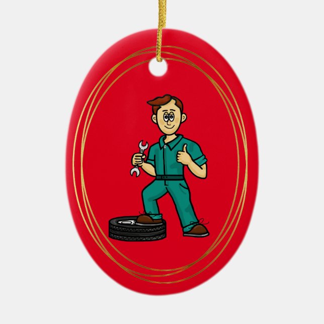 White Male Automotive Mechanic Christmas Ornament (Front)