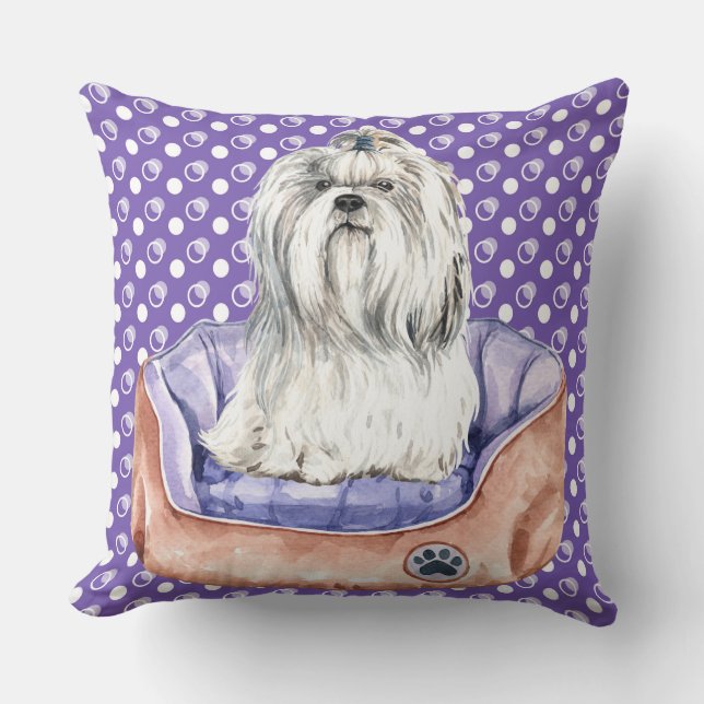 WHITE MALTESE DOG SITTING IN PURPLE DOG BED CUSHION (Front)