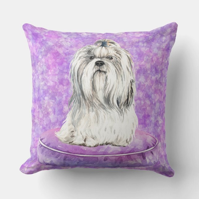 WHITE MALTESE DOG SITTING IN PURPLE DOG BED CUSHION (Front)